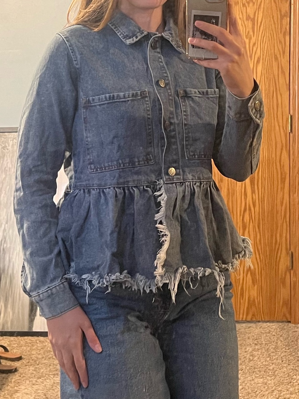 Denim Frayed Peplum Button-Front Jacket